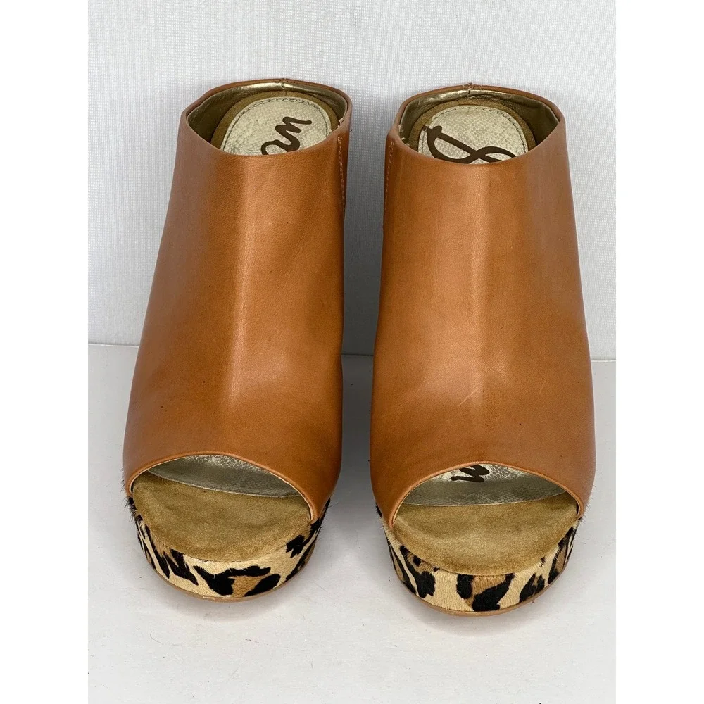 Sam Edelman Kylie Tan Leather Leopard Hair Wedge Peep Toe Mules Mob Wife8.5